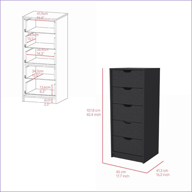 Commodes: commode étroite à 5 tiroirs, finition wengé noir | Noir | Panneau de particules