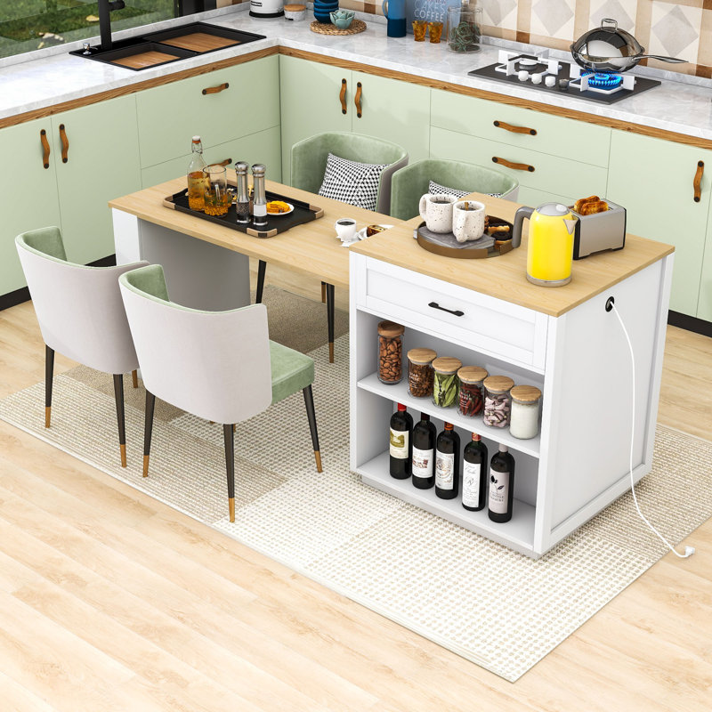 Kitchen Island with Extendable Dining Table, Built-in Charging Station and Lockable Wheels, White