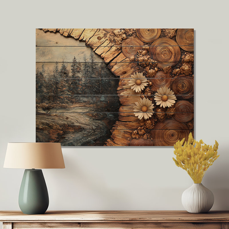 «Daisies Flowers Forest Wooden Landscape II» - Art mural en bois marguerites - sur bois de pin naturel