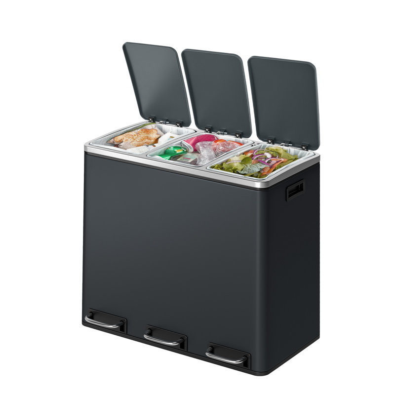 Steel Step On and Odour Seal Multi-Compartment Rubbish & Recycling Bin - 14.27 L, Smoky Grey