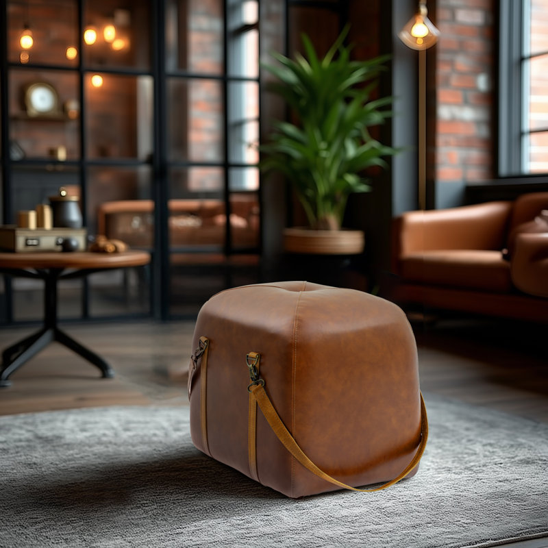 15.8" Wide Leather Match Tufted Rectangle Ottoman, Cognac/Caramel Leather Match