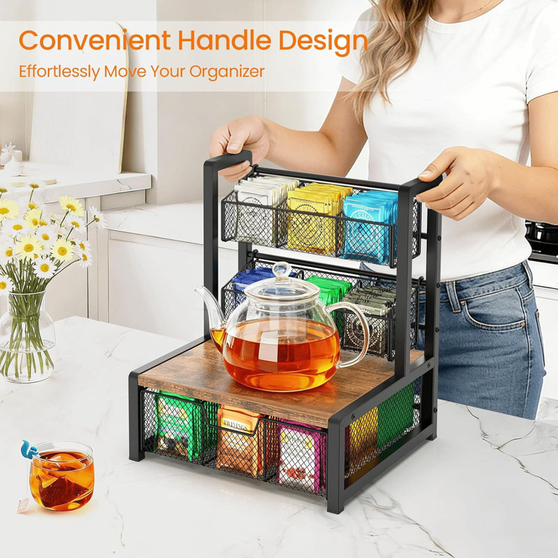 Organisateur de rangement pour sachets de thé à 3 niveaux, support à thé de bureau en fil métallique avec paniers en filet et plateau en bois, support à sachets de comptoir, support à compartiments multiples pour la cuisine, le café et le bureau