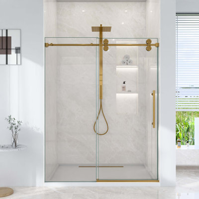 56"-60"W*72" H Frameless Single Sliding Shower Door – 5/16" (8mm) Clear Tempered Glass, Bypass Design with Brushed Gold Finish