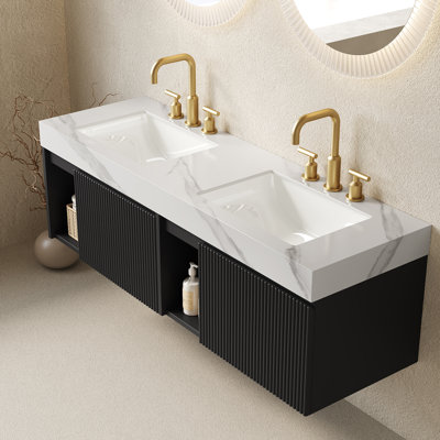 Meuble-lavabo de salle de bain 60 po EIDEN, armoire de rangement flottante, plateau en pierre frittée blanc Carrara et 2 lavabos en céramique avec 3 trous de robinet pré-percés, pré-assemblé, sans robinet et ensemble de drain, couleur noire
