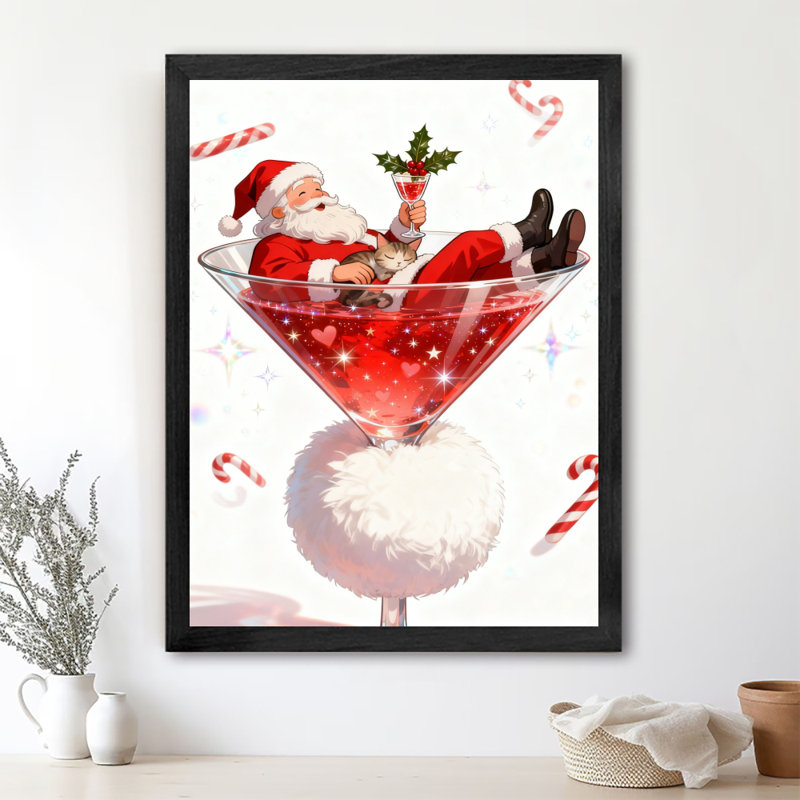 Art mural rétro noir encadré père Noël dans le verre à vin, impressions de style rétro, H 25 po x l 17 po