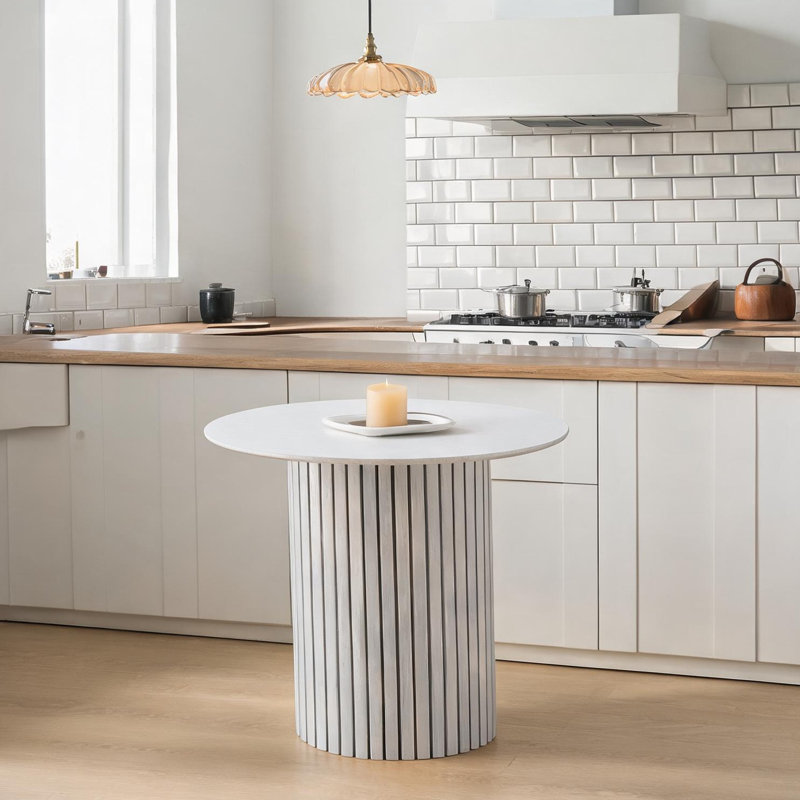 Table de salle à manger ronde en contreplaqué de bambou blanc doux pour 4 sièges minimalistes modernes de 33,5 pouces