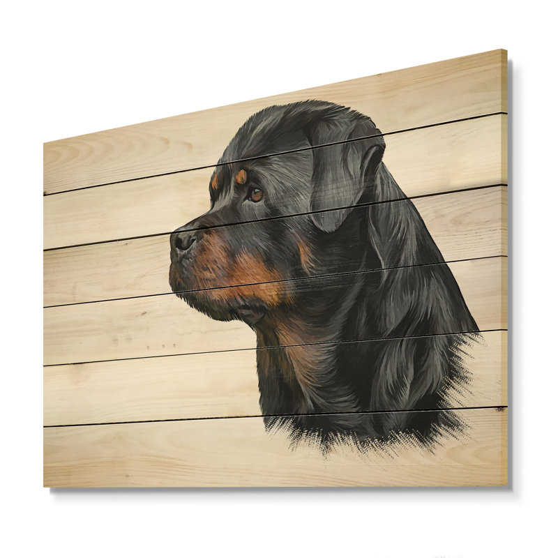 Dessin du chien Rottweiler - impression traditionnelle sur bois noir, H 8 po x l 12 po x P 1 po