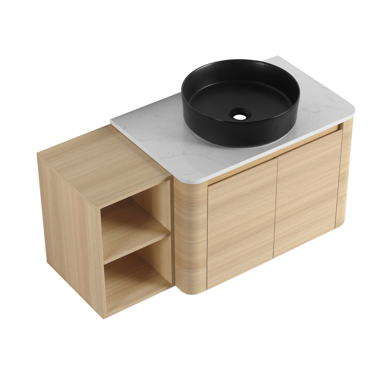Meuble-lavabo mural moderne avec lavabo en céramique, base en contreplaqué, pour un rangement peu encombrant dans la salle de bain