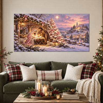 Crèche de Noël, Tableau chrétien sur toile tendue sur châssis, Décoration murale de Noël pour le salon, Peinture traditionnelle de la Nativité, Tableau de Noël, 76 x 152 cm