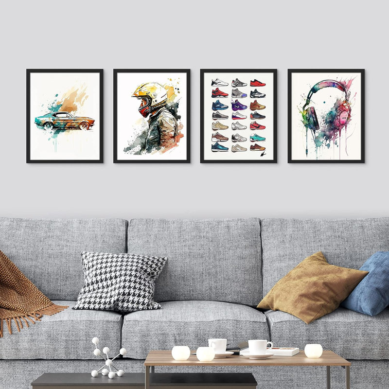 Collage d'écouteurs de sport avec 4 pièces encadrées, Cadre noir, H 14 po x l 11 po x P 1 po