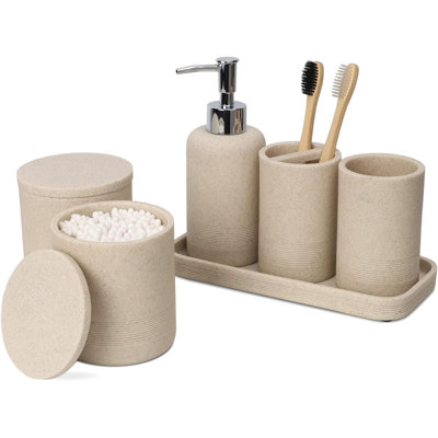 Beige Bathroom Accessories Set 6 Pieces - Toothbrush Holder, Lotion Dispenser, Qtip Container, Vanity Tray, Tumbler - Countertop Organizer for Bathrooms - Elegant and Functional Décor Set