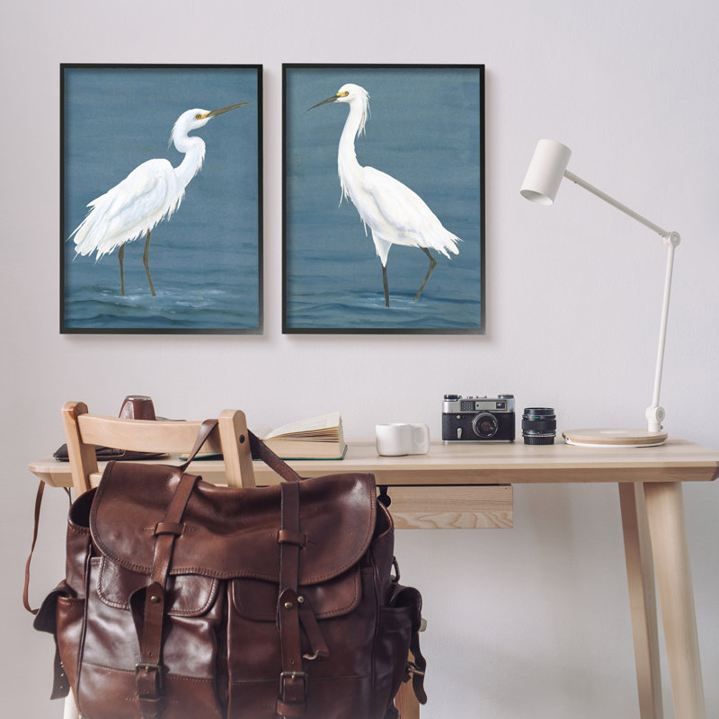 Aigrettes blanches sur le rivage 2 pièces, H 30 po x l 48 po x P 1,5 po, Giclée encadrée noir minuit