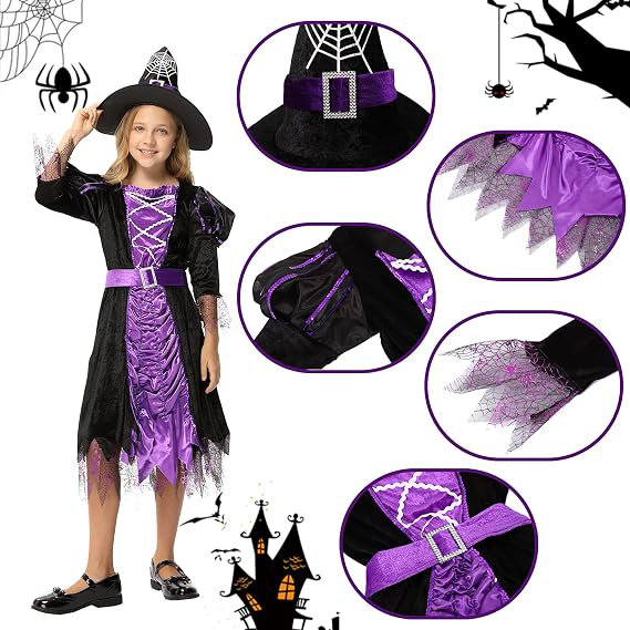 Déguisement de sorcière pour fille, robe de sorcière élégante pour enfants, costume classique pour fête déguisée
