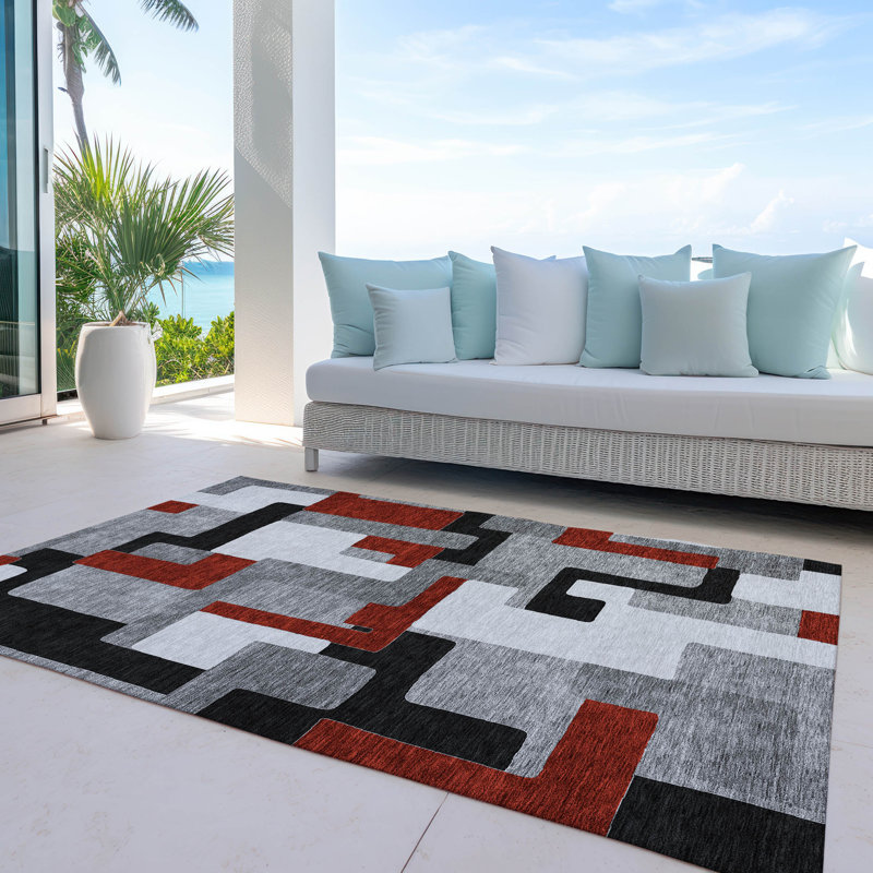 Gray Geometric Washable Synthetic Indoor/Outdoor Rug 3' x 5'