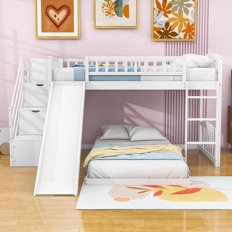 Ilaina Kids Twin over Twin Wood Bunk Bed with Slide, White