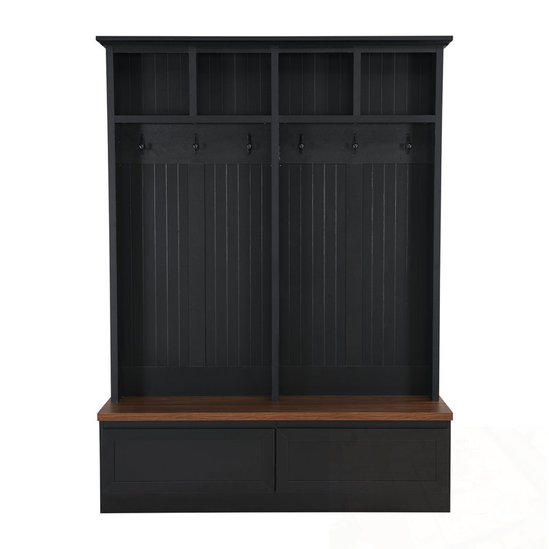 Hall Tree With Wood Grain Bench And 2 Large Drawers, Black