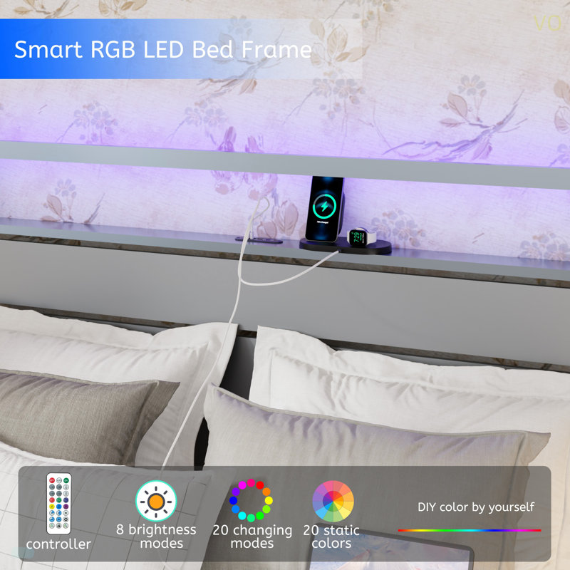 Size Bed Frame With Headboard, Metal Platform Bed Frame With Charging Station, Heavy Duty Platform Bed Frame With LED, Easy Assembly