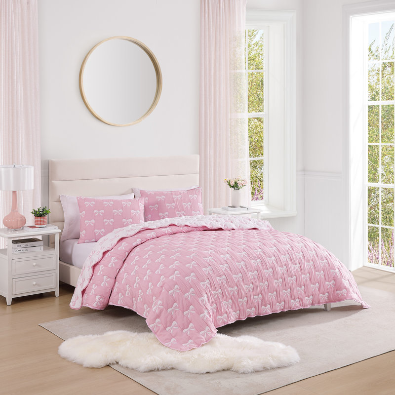 Ballet Bows Pink All-Season Soft Woven Matelasse Jacquard Reversible Cotton Blend Quilt Set, Twin Quilt + 1 Sham