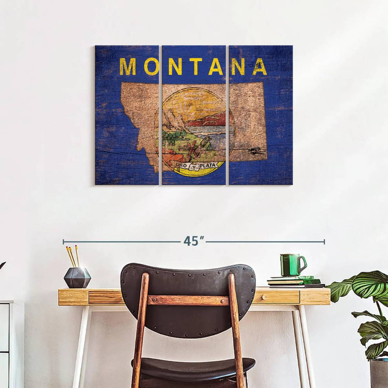 " State Map Over Montana Flag " by Echoes Of America 3 - Pieces, 24" H x 38" W