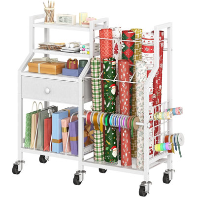 Wrapping Paper Storage Cart, Rolling Gift Wrap Station with Drawer | Gift Wrapping Paper Organizer Storage, Wrapping Paper Organizer Holder, Ribbon Holder, Gift Bags, Metal Craft Organizers Rack