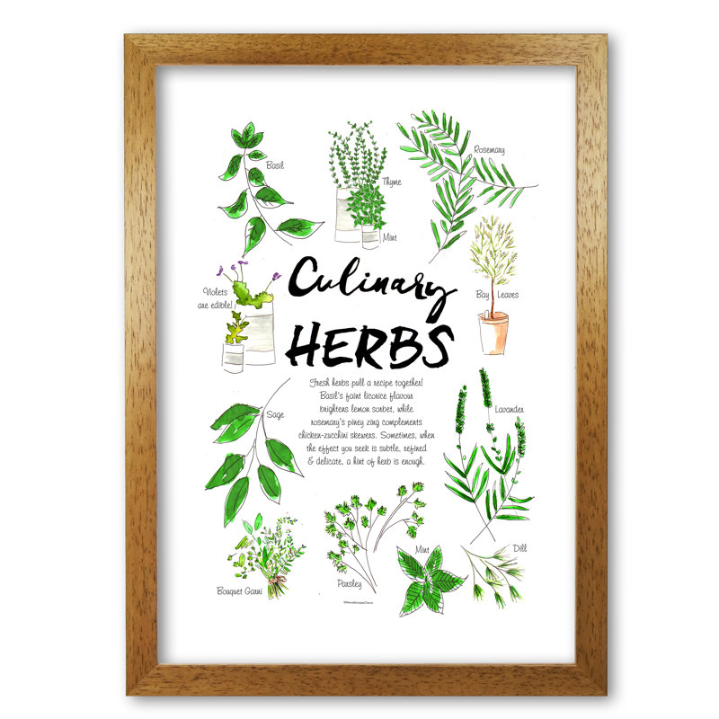 Culinary Herbs - Single Picture Frame Print, 84.1 cm H x 59.4 cm W x 5 cm D, Honey Oak