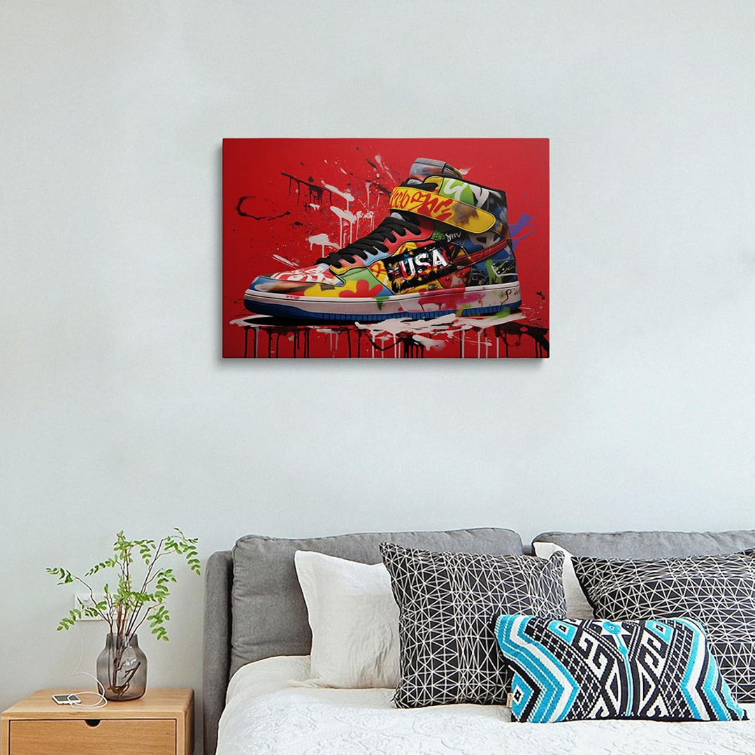 Framed Banksy Graffiti Sneaker Canvas Wall Art,Red Shoe Decorations Pop Art Wall Decor For Kids Playroom Bedroom Living Room Artworks Ready To Hang