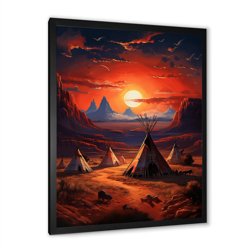 " Red Native Tipi Ancient Pathways II ", Black Picture Framed, 32" H x 24" W x 1" D
