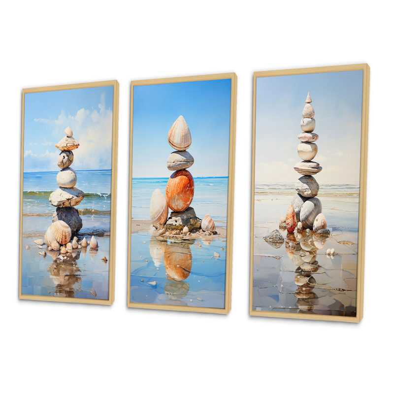 «Minimalist Beach Shells Tower», 3 pièces sur toile, Cadre naturel flottant, H 28 po x l 36 po