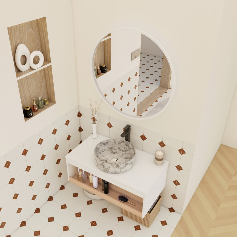 Meuble-lavabo flottant 36 po avec lavabo vasque rond et tablette ouverte 36 po, Grey Vein Marble