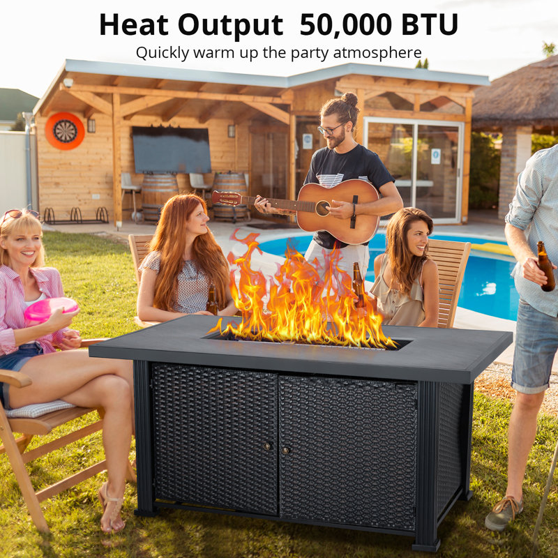 52" Black Slate Gas Fire Pit Table with Rattan Panel