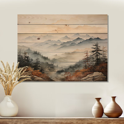 Mountain Morning Whisperes I - Mountains Wood Art On Natural Pine Wood