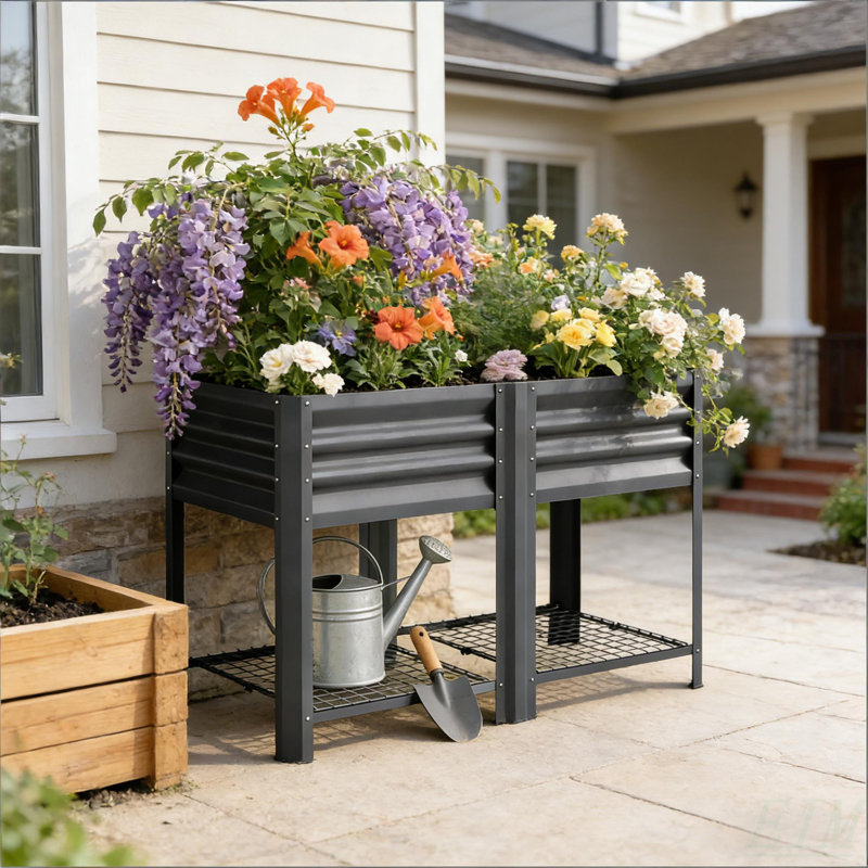 Patio Planter Box,Outdoor Elevated Planter Box,Raised Garden Bed, Dark Gray
