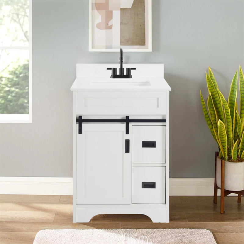 24" Bathroom Vanity With Single Sink Combo, Farmhouse Undermount Bathroom Sink Cabinet With Sliding Barn Doors And 2 Drawers, Freestanding Bathroom Vanities,white
