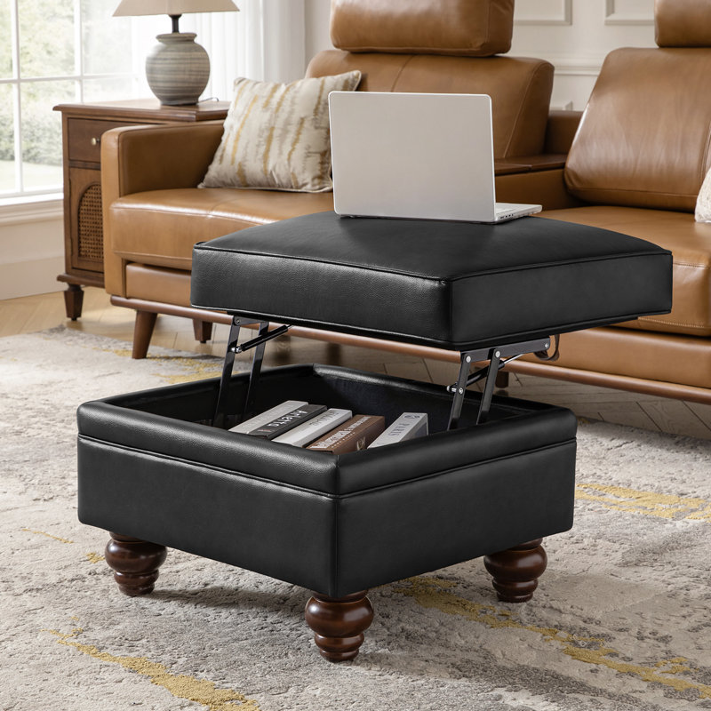 Djuana Transitional 27"W Lift-Top Leather Ottoman with Storage, Black