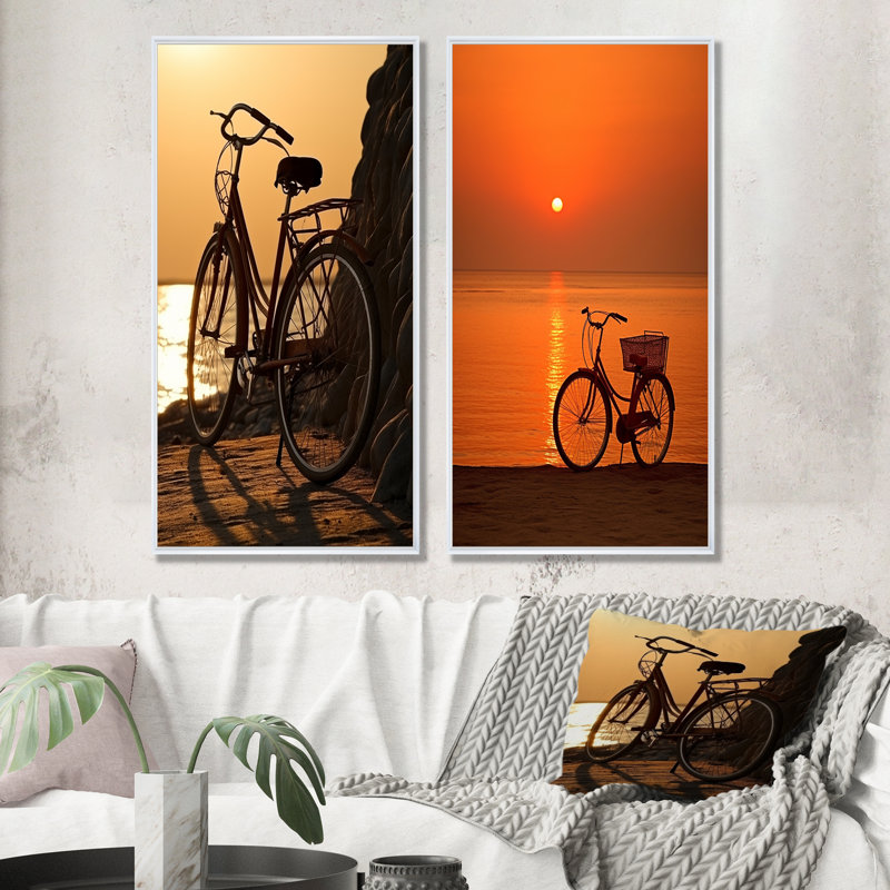 Coucher de soleil sur le coucher de soleil - ensemble d'art mural en toile de bicyclette de 2, Cadre blanc, H 32 po x l 33 po