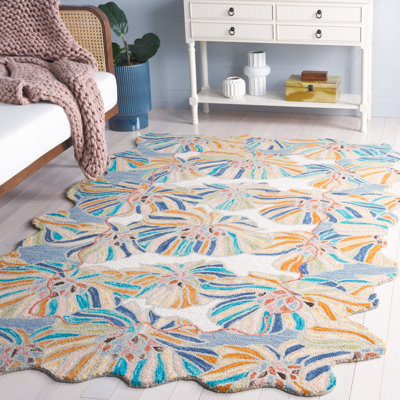 Tapis en laine / coton touffeté à la main Myung en ivoire / bleu