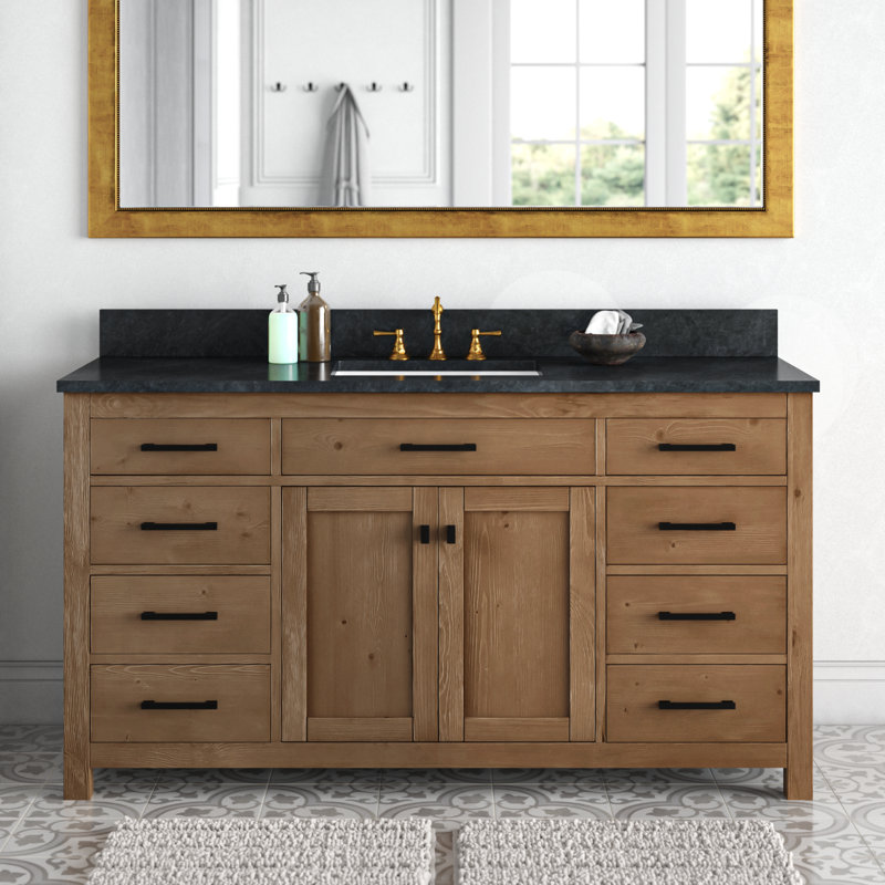Meuble-lavabo simple 60 po Ajiya, Calcaire bleu, Naturel texturé / noir mat