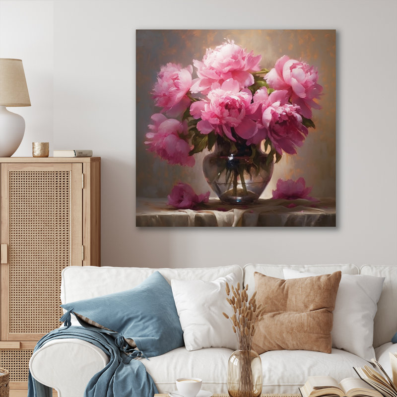 Pivoine rose verte captivante I sur toile, H 30 po x l 30 po x P 1 po, Toile tendue