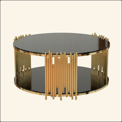 Table basse circulaire en acier inoxydable de style moderne et minimaliste moderne, comptoir en verre trempé noir, table basse de salon