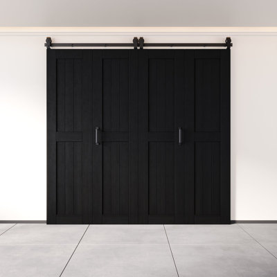Homacer 80“ High Unassembled & Finished Black Barn Door, Four 20" x 80" Doors with Bi-Fold Top Mount Hardware Kit