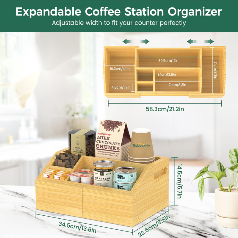 Bamboo Extendable Coffee Station Organizer with Multiple Compartments