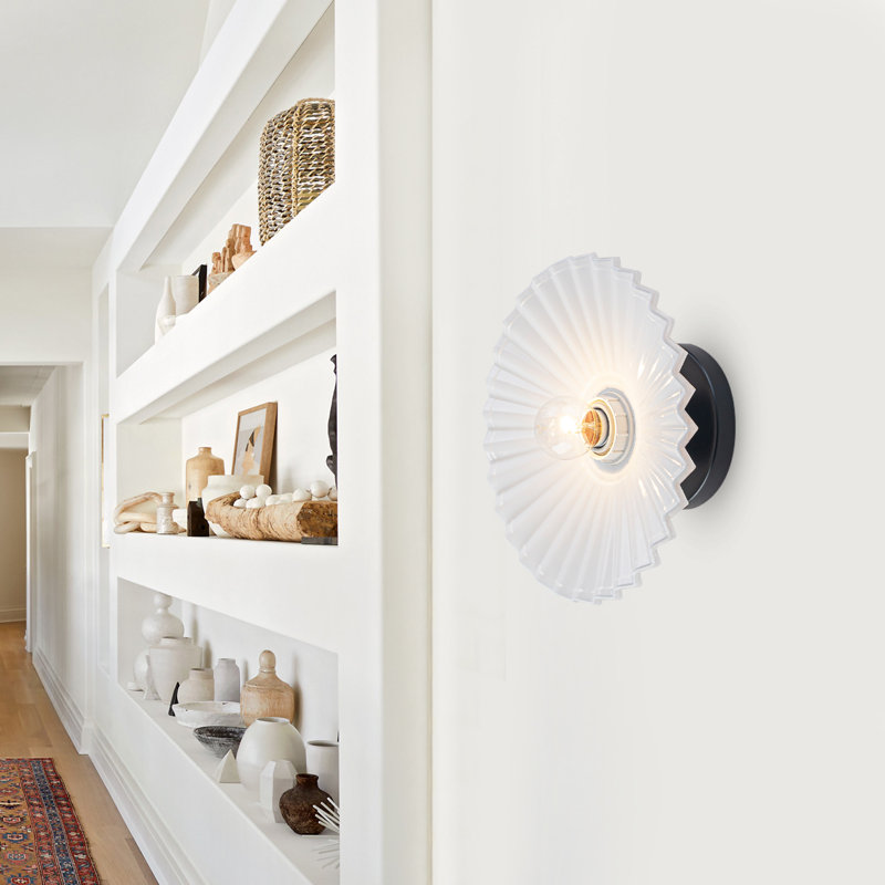 Modern Vintage Ruffled Glass Flush Mount Ceiling Light, Hand-Blown 1-Light Matte Black Ceiling Fixture with Fluted White Glass Shade for Hallway Entryway