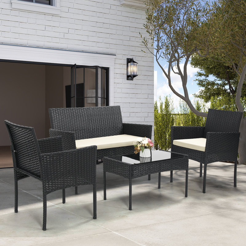Ensemble de meubles de patio 4 pièces en rotin et osier - Ensemble de conversation avec table basse et 2 chaises