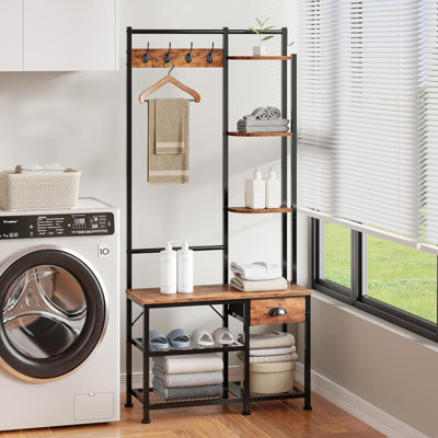 4-in-1 Entryway Hall Tree with Bench – 5 Hooks, Removable Drawer & 3-Tier Shoe Storage Rack