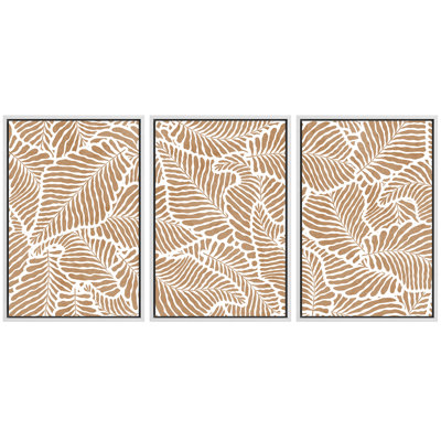 Neutral Botanical Leaf Pattern in Beige and White Tones – Pictures Framed Canvas Print 3 Pieces Wall Art