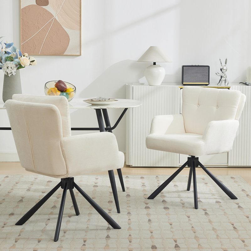 Modern Upholstered Swivel Armchairs with Tufted Back, Metal Legs, White Chenille