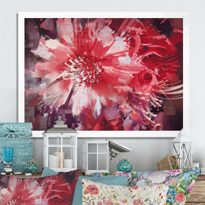 " Abstract Vivid Red Flower Bouquet ", White Closed Corner Framed, 24" H x 36" W x 1" D