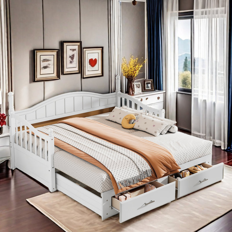 Jeel Elegant Extendable Daybed with Two Storage Drawers and Twin Size Trundle, White