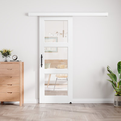 Porte coulissante de style grange avec rail dissimulé, apprêt blanc, 3 panneaux en verre transparent, pour placard ou garde-manger, avec trousse de quincaillerie (aucun assemblage requis)