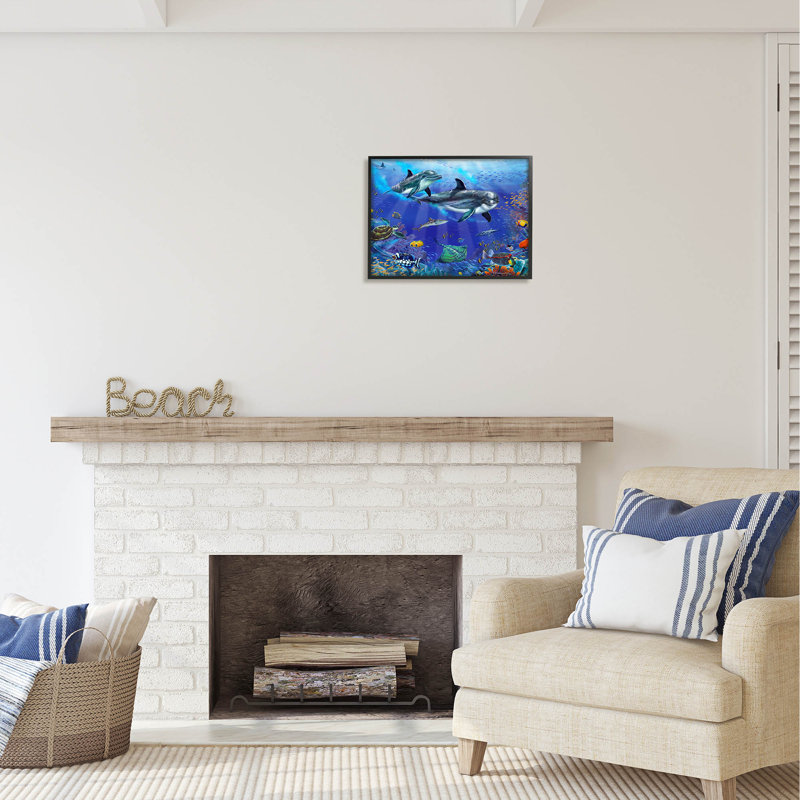 Au-485-Giclée sous-marine, scène de la vie des dauphins par Interlitho, peinture, Giclée encadrée noir minuit